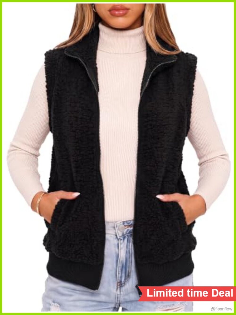 Fuzzy Sherpa Fleece Sleeveless Vest Lightweight Zipper V-Neck